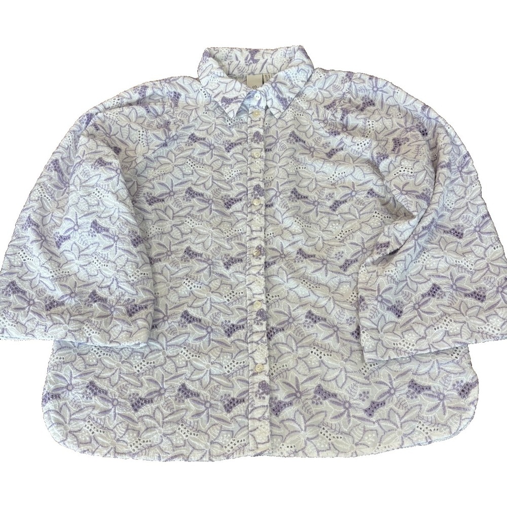 Y.A.S floral lace embroidery white lavender blouse button up womens' size medium